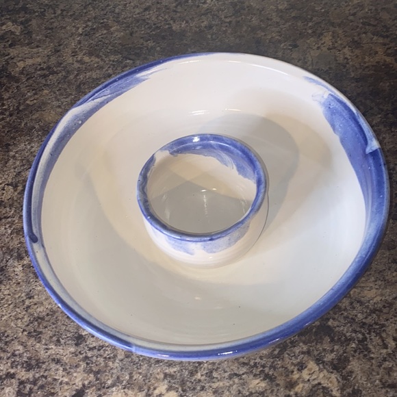 Vintage 1990 Ceramic Pottery White/Blue Glazed Drip Design Chip/Dip Large Bowl - Picture 8 of 12